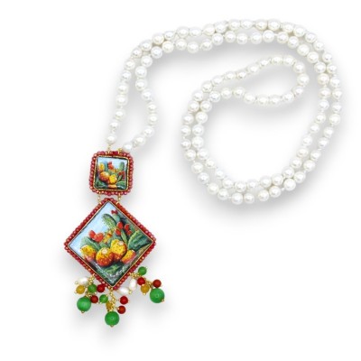 Collar L 62 + 9 cm aprox. con perlas naturales e inserciones de baldosas de piedra de lava y mayólica siciliana burdeos 