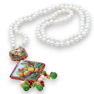 Collar L 62 + 9 cm aprox. con perlas naturales e inserciones de baldosas de piedra de lava y mayólica siciliana burdeos 