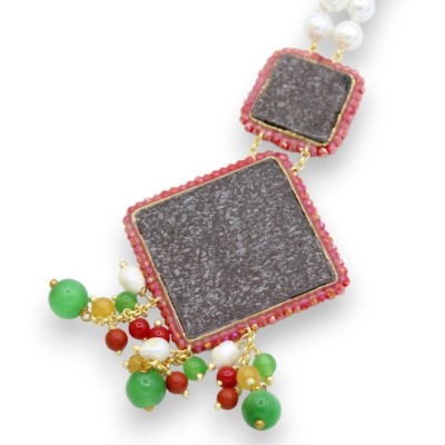 Collana con Perle naturali e inserti di mattonelline in pietra lavica e maioliche siciliane, L 65 + 9 cm ca. - 