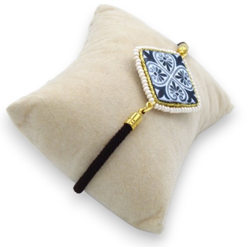 Pulsera con teja de piedra de lava de cristal blanco y cordón de tela negro - L 25cm aprox. Cierre de acero -  2