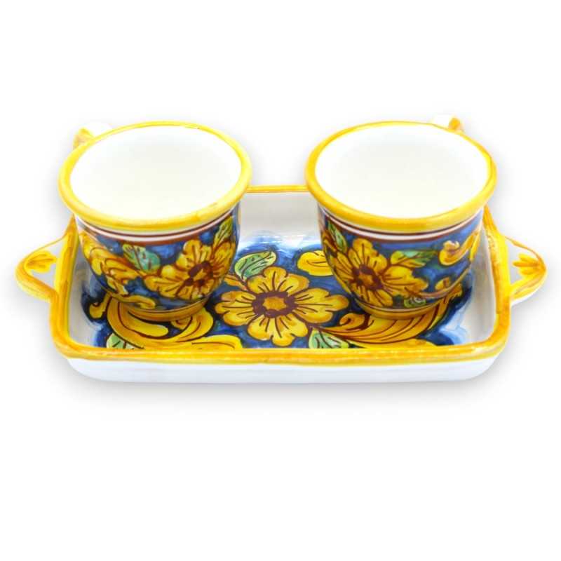 Tet a Tet servizio da caffè, due tazzine e vassoio in ceramica Caltagirone, decoro barocco e fiore - 