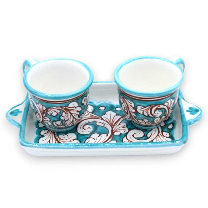 Tet a Tet servizio da caffè, due tazzine e vassoio in ceramica Caltagirone, decoro barocco verderame - 