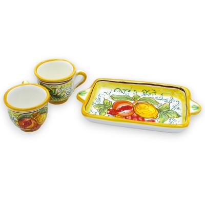 Tet a Tet servizio da caffè, due tazzine e vassoio in ceramica Caltagirone, decoro melograno, limoni e uva - 