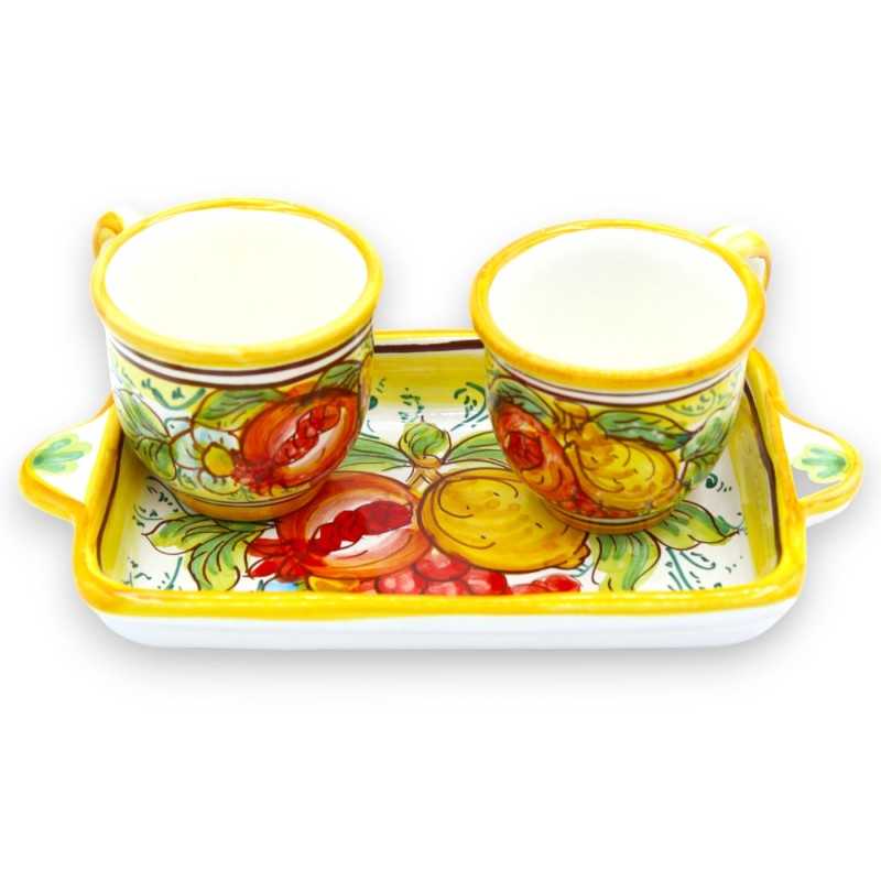 Servicio de café Tet a Tet, dos tazas y bandeja en cerámica Caltagirone, decoración granada, limones y uvas - 
