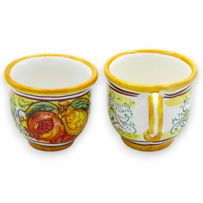 Service à café Tet a Tet, deux tasses et plateau en céramique de Caltagirone, décor grenade, citron et raisin - 
