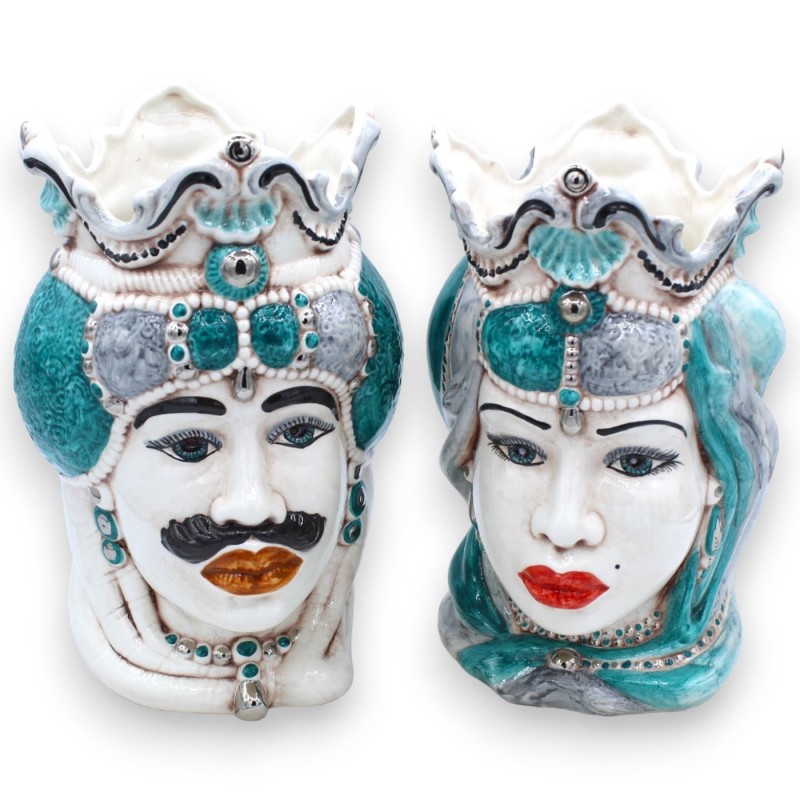 Siciliaanse Emiri donkerbruine koppen (paar) h ca. 25 cm Caltagirone keramiek, MD15 platina emaille details - 