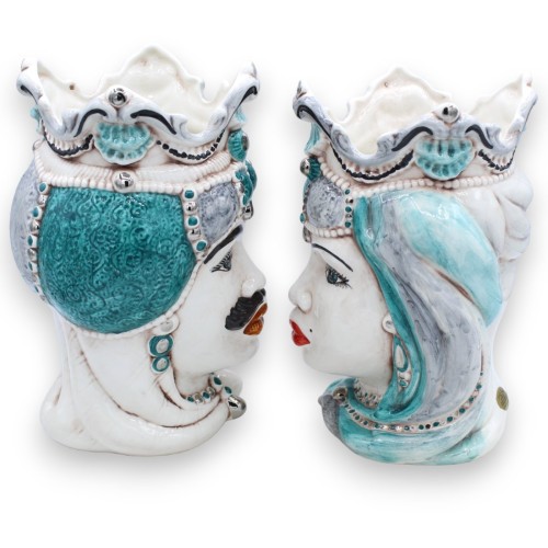 Siciliaanse Emiri donkerbruine koppen (paar) h ca. 25 cm Caltagirone keramiek, MD15 platina emaille details -  2