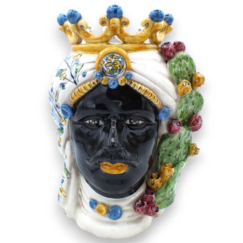 Testa di moro ceramica Caltagirone, h 25 cm ca. (1pz) con corona, pala di ficodindia e decoro floreale - 