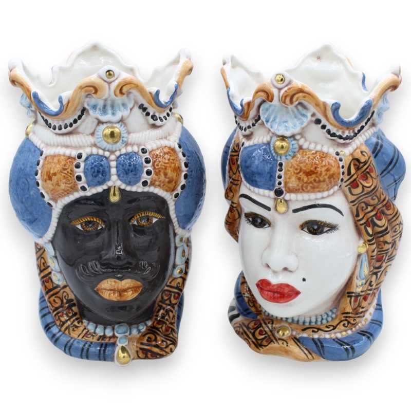 Pair of Caltagirone ceramic heads, h 24 - 25 cm approx. with crown, turban and 24k pure gold details - 