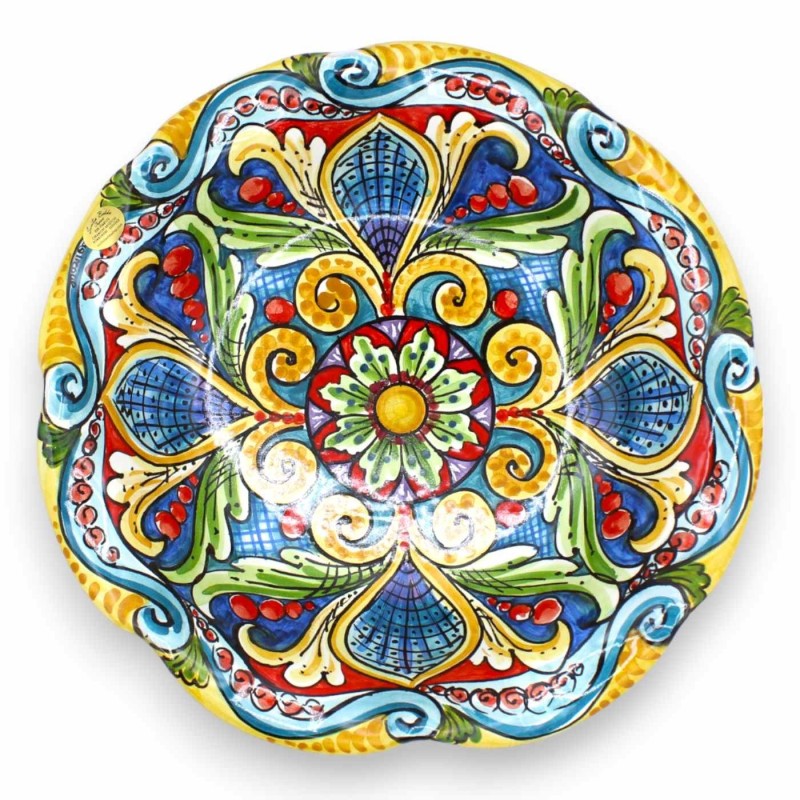 Caltagirone-Keramikschale mit Wellenschliff, zwei Größenoptionen, (1 Stück), mehrfarbige Barockdekoration und Blume - 