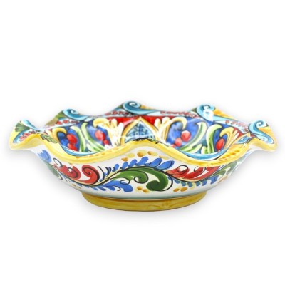 Caltagirone-Keramikschale mit Wellenschliff, zwei Größenoptionen, (1 Stück), mehrfarbige Barockdekoration und Blume - 