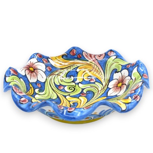 Ciotola smerlata centrotavola in ceramica Caltagirone, con 2 opzioni misura, (1Unità) decoro barocco e floreale fondo bl