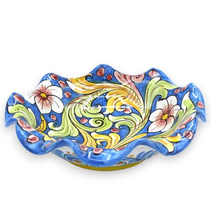 Ciotola smerlata centrotavola in ceramica Caltagirone, con due opzioni misura, (1pz) decoro barocco e floreale fondo blu