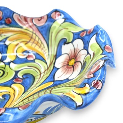 Ciotola smerlata centrotavola in ceramica Caltagirone, con 2 opzioni misura, (1Unità) decoro barocco e floreale fondo bl