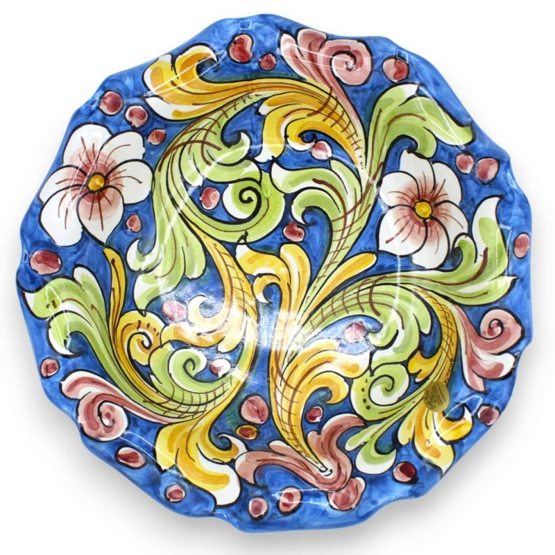 Ciotola smerlata centrotavola in ceramica Caltagirone, con 2 opzioni misura, (1Unità) decoro barocco e floreale fondo bl