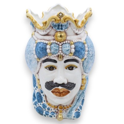 Teste di moro Siciliane Emiri (coppia) h 25 cm ca. ceramica Caltagirone, dettagli smalto oro zecchino 24k MD18 - 