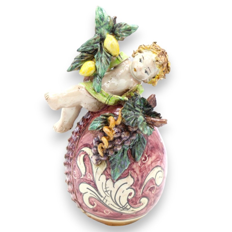 Putto with fruit on Egg in Caltagirone ceramic opaque glaze - height 20 cm - 