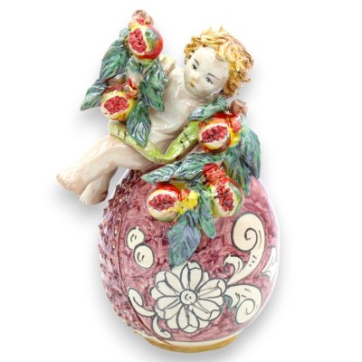 Putto with fruit on Egg in Caltagirone ceramic opaque glaze - height 20 cm - 