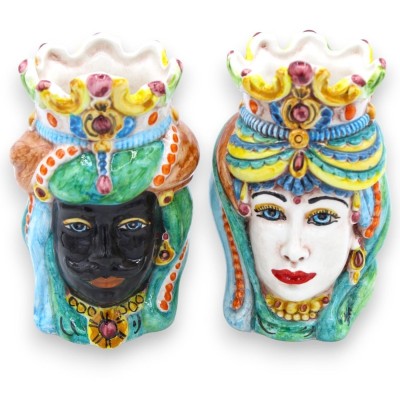 Pareja de cabezas moras en cerámica Caltagirone - h 13 / 14 cm aprox. con corona y turbante, turquesa y cardenillo 03 - 