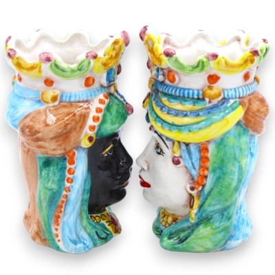 Pareja de cabezas moras en cerámica Caltagirone - h 13 / 14 cm aprox. con corona y turbante, turquesa y cardenillo 03 - 