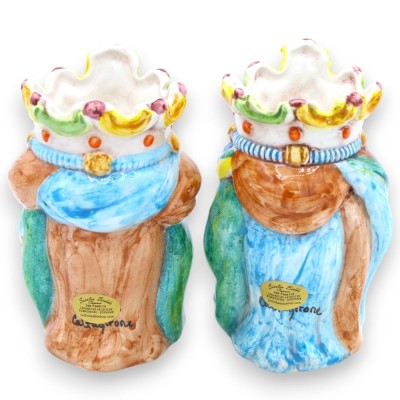 Pareja de cabezas moras en cerámica Caltagirone - h 13 / 14 cm aprox. con corona y turbante, turquesa y cardenillo 03 - 