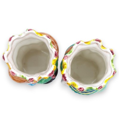 Paire de têtes marron foncé en céramique de Caltagirone - h environ 13/14 cm. avec couronne et turban, turquoise et vert