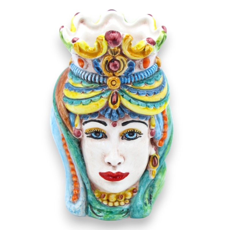 Pareja de cabezas moras en cerámica Caltagirone - h 13 / 14 cm aprox. con corona y turbante, turquesa y cardenillo 03 - 