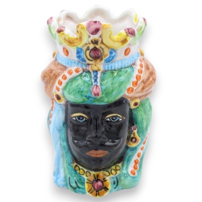 Pareja de cabezas moras en cerámica Caltagirone - h 13 / 14 cm aprox. con corona y turbante, turquesa y cardenillo 03 - 