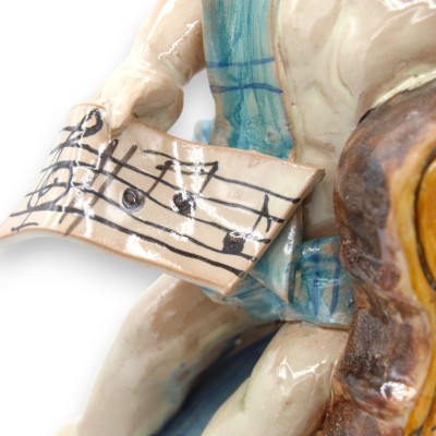 Putto on egg with cello and score, Caltagirone ceramic - h 33 cm approx. blue and Baroque - 
