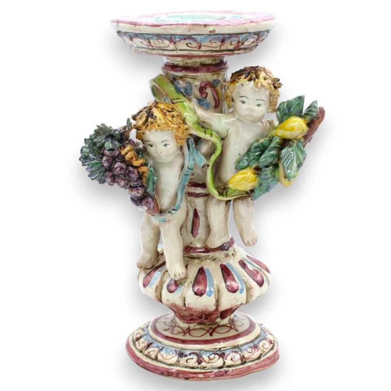 Porta candela con putti in ceramica Caltagirone - h 23 cm ca. bordeaux, con fascio di uva e limoni - 