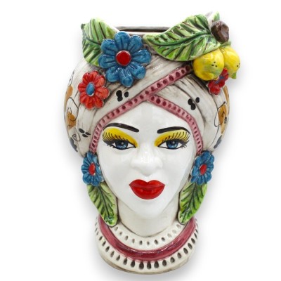 Hoofd van Moro Caltagirone, h 27 / 28 cm ca. (1st) met veelkleurige bloemen en fruit - 