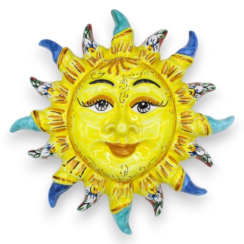 Zon met puntige stralen in Caltagirone keramiek - Ø 30 cm ca. bloemendecoratie op de uiteinden - 