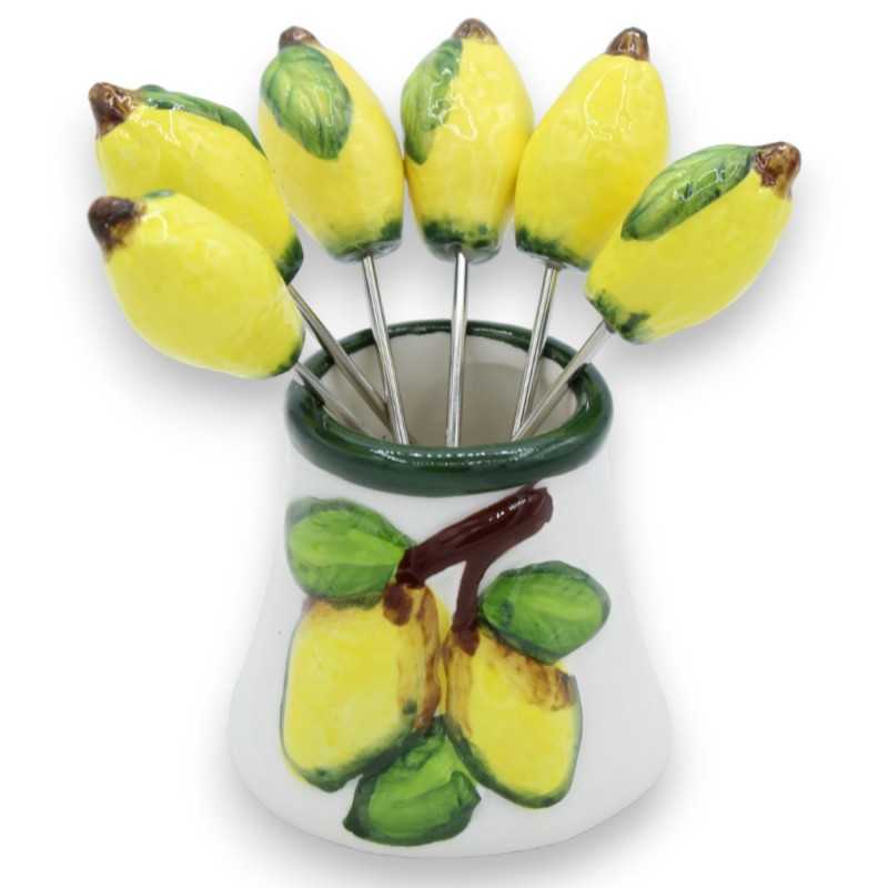 Récipient avec 6 fourchettes à apéritif, en céramique sicilienne, sur le thème du citron - 