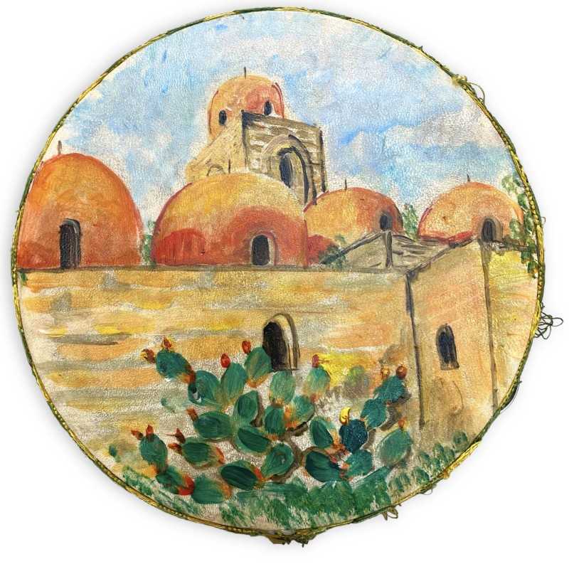 Tamburello Siciliano con sonagli, Grande Ø 18 cm, in legno e vera pelle dipinto a mano, chiesa San Giovanni - 