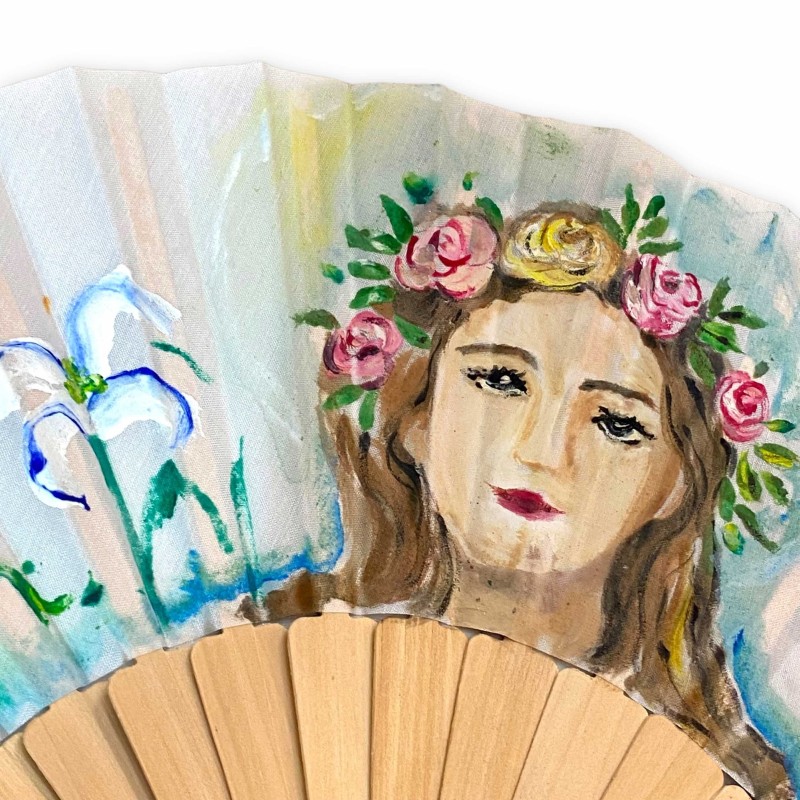 Éventail en bois fabriqué à la main avec tissu décoré à la main, visage de Santa Rosalia et fleurs - environ h 23 cm. - 
