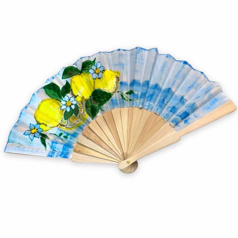 Handcrafted wooden fan with hand-decorated fabric, glimpse of landscape and lemons - h approx. 23 cm. - 