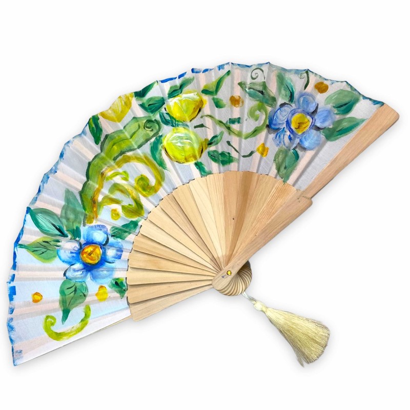 Handgefertigter Holzfächer mit handverziertem Stoff: Barock, Blumen und Zitronen – H ca. 23 cm. - 