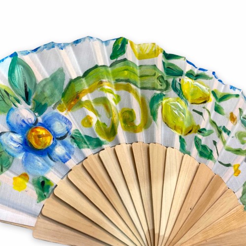 Éventail artisanal en bois avec tissu décoré à la main : Baroque, Fleurs et Citrons - h environ 23 cm. -  2