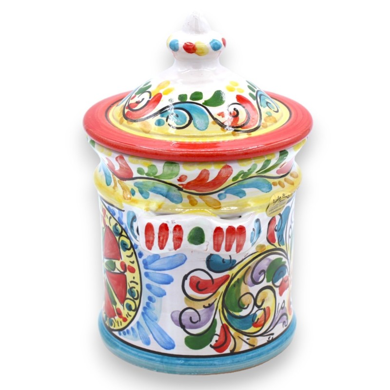 Großes Glas mit Deckel aus Caltagirone-Keramik, H ca. 20 cm. mehrfarbiger sizilianischer Wagen mit barocker Dekoration -