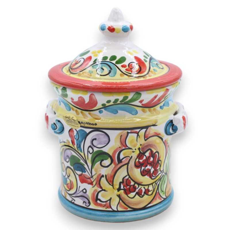 Barattolo grande con coperchio in ceramica Caltagirone, h 20 cm ca. decoro barocco multicolore carretto siciliano - 