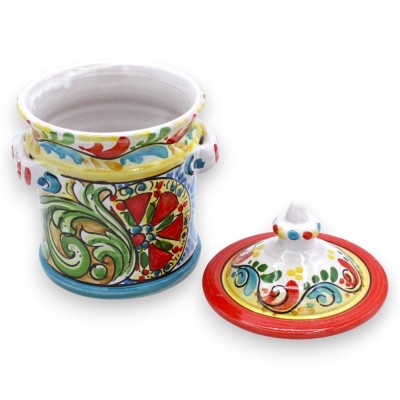 Großes Glas mit Deckel aus Caltagirone-Keramik, H ca. 20 cm. mehrfarbiger sizilianischer Wagen mit barocker Dekoration -