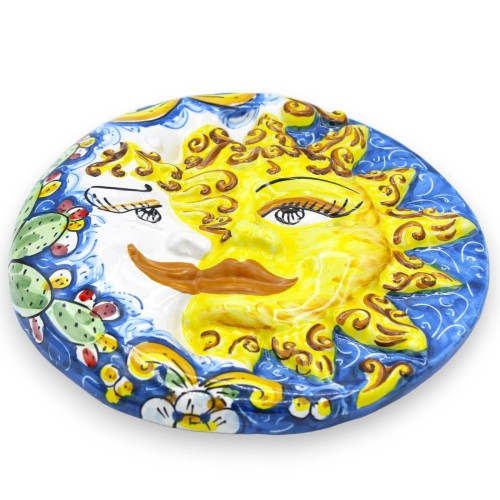 Eclipse, Soleil et Lune en céramique de Caltagirone - Ø environ 25 cm à décor baroque et figue de Barbarie sur fond bleu 2
