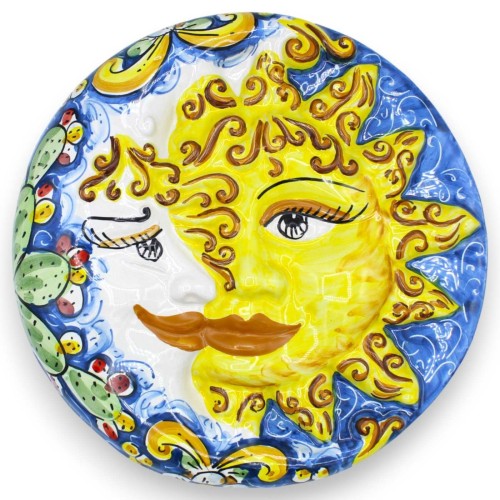 Sonnenfinsternis, Sonne und Mond aus Caltagirone-Keramik – Ø ca. 25 cm mit barockem Dekor und Kaktusfeige auf blauem Gru