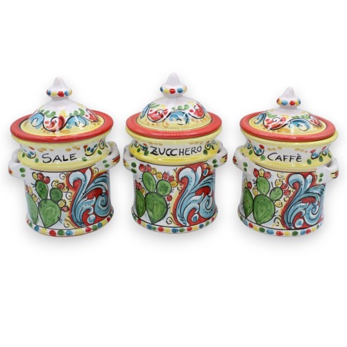 Tris Caltagirone Keramikgläser, H ca. 20 cm. mehrfarbiger sizilianischer Wagen mit barocker Dekoration - 