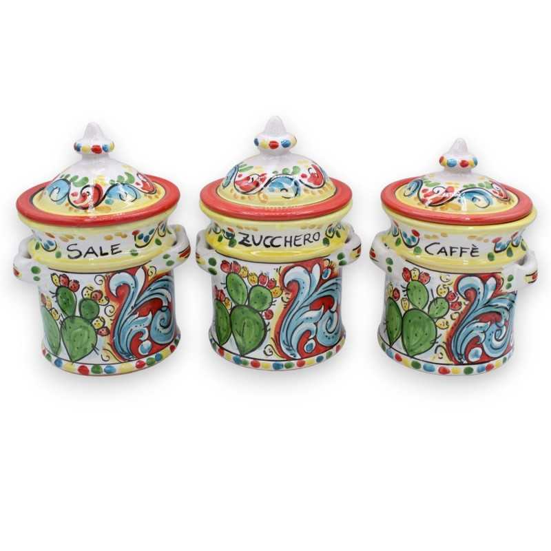 Tris Barattoli in ceramica Caltagirone, h 20 cm ca. decoro barocco multicolore carretto siciliano - 