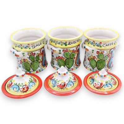Tris Caltagirone Keramikgläser, H ca. 20 cm. mehrfarbiger sizilianischer Wagen mit barocker Dekoration - 