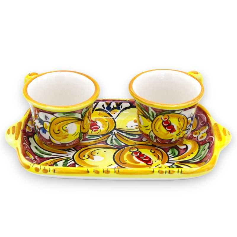 Tet a Tet servizio da caffè, due tazzine e vassoio in ceramica Caltagirone, bordeaux decoro barocco limoni e melograni -