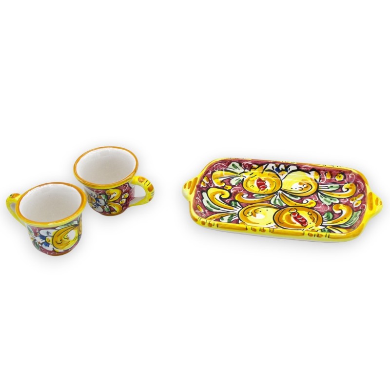 Tet a Tet coffee service, two cups and tray in Caltagirone ceramic, bordeaux, lemon and pomegranate baroque decoration -