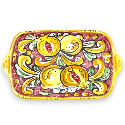 Tet a Tet coffee service, two cups and tray in Caltagirone ceramic, bordeaux, lemon and pomegranate baroque decoration -