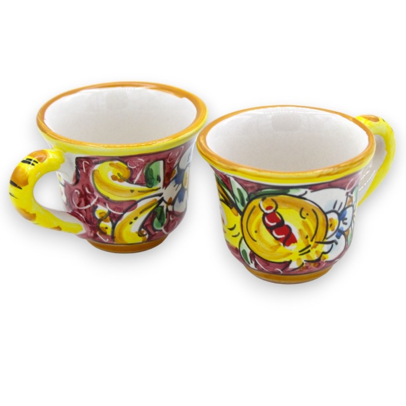 Tet a Tet koffie servies, twee kopjes en dienblad in Caltagirone keramiek, bordeaux, citroen en granaatappel barokke dec